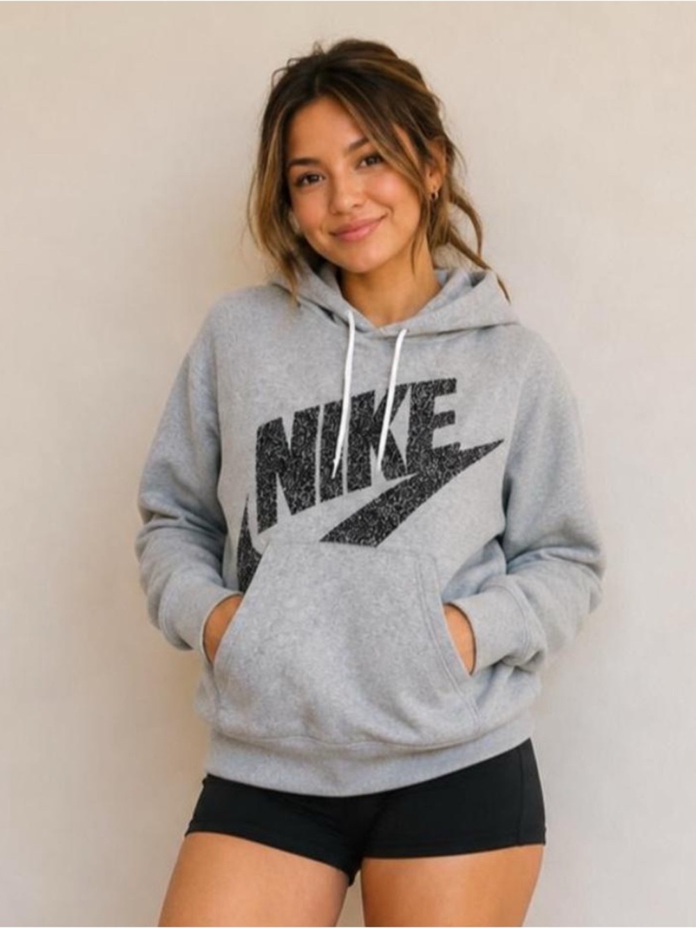 Nike Light Gray Hoodie with Black Logo - Women's Pullover size M